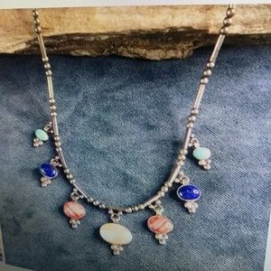 Sterling Silver Necklace w Pearl, Spiny Oyster, Lapis & Turquoise